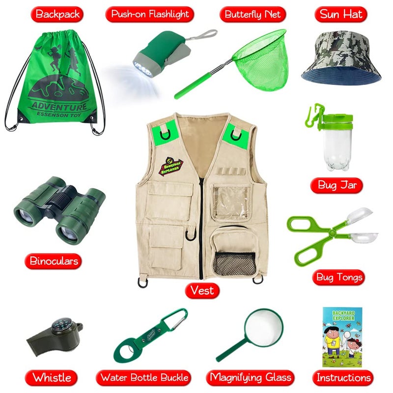 ESSENSON Outdoor Explorer Kit & Bug Catcher Kit with Vest, Outdoor Toy Gift for 3 4 5 6 7 8+ Year Old Boys Girls Kids Binoculars, Magnifying Glass, Butterfly Net, Camping, Adventure - Image 2